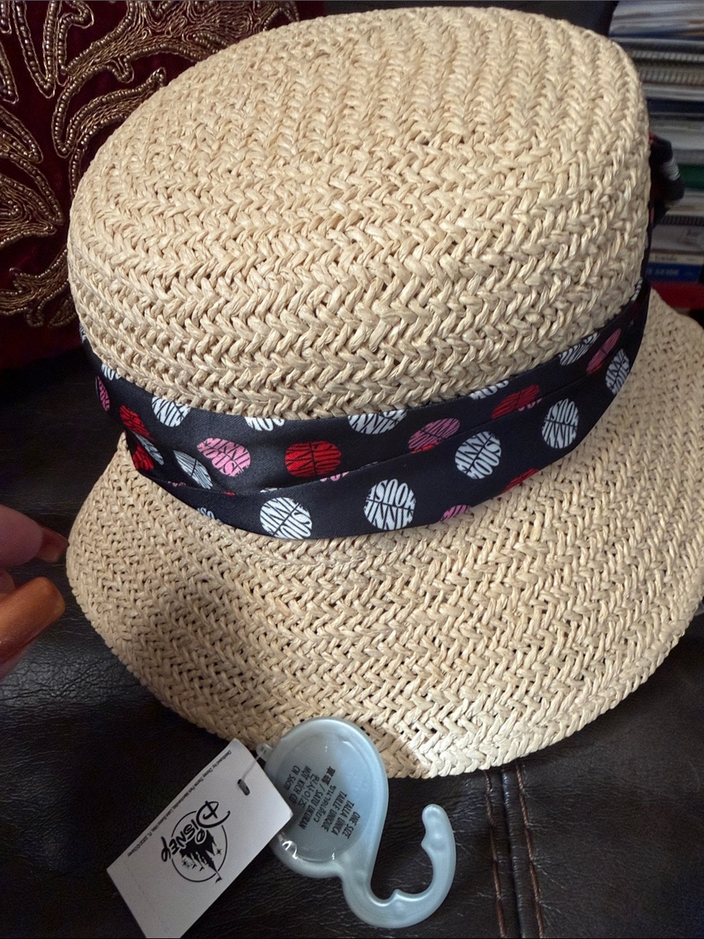 Disney Girls Black Bow Straw Sun Hat with Pink & Red Dot Accents - Picture 3 of 5